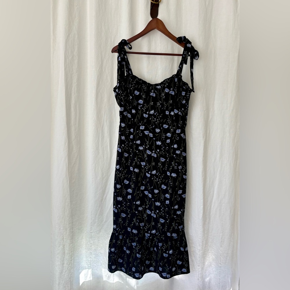 Commense Black Floral Midi Dress with Tie Straps